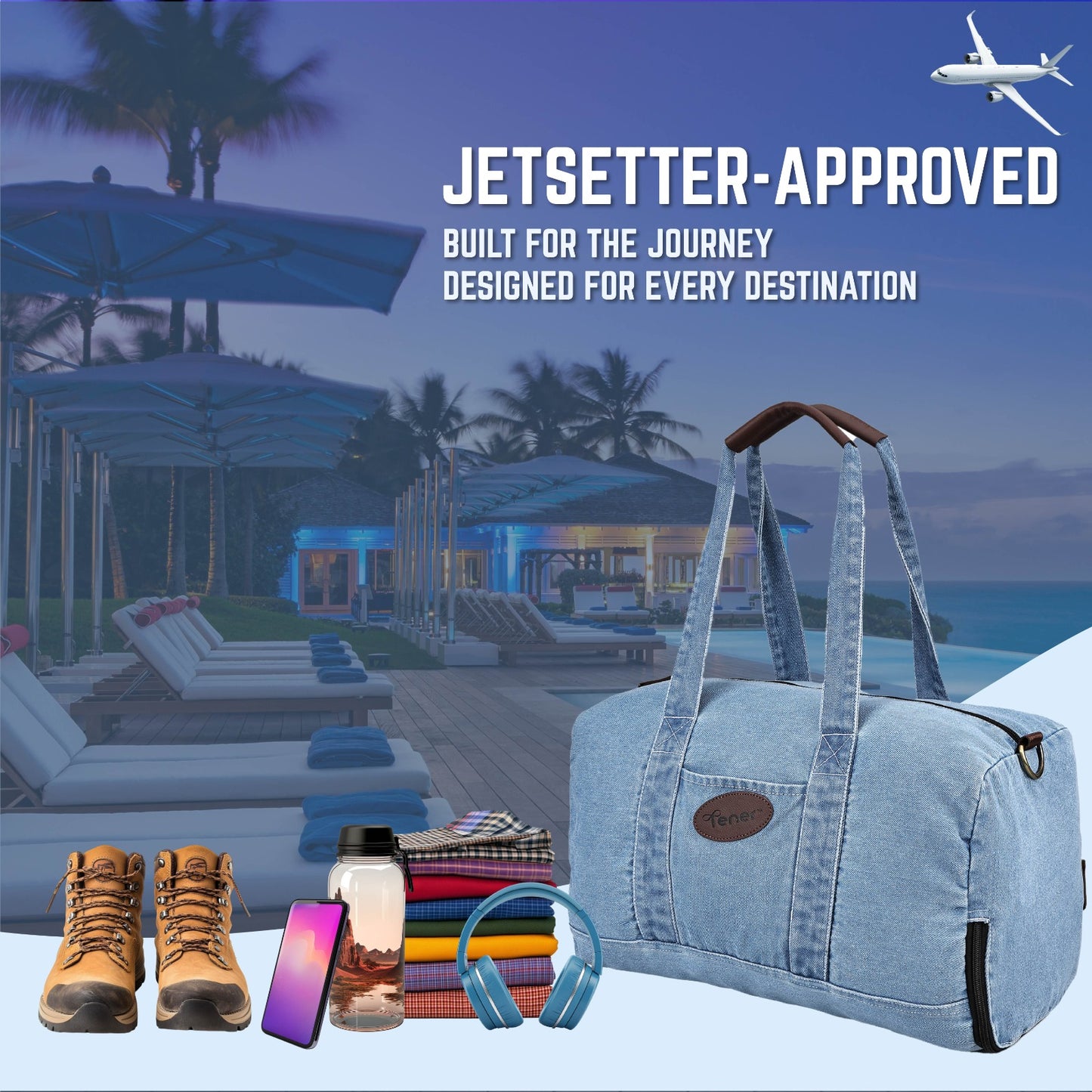 Tener Washed Blue Denim Duffel Bag – Unisex Gym/Travel Bag with Shoe & Bottle Space