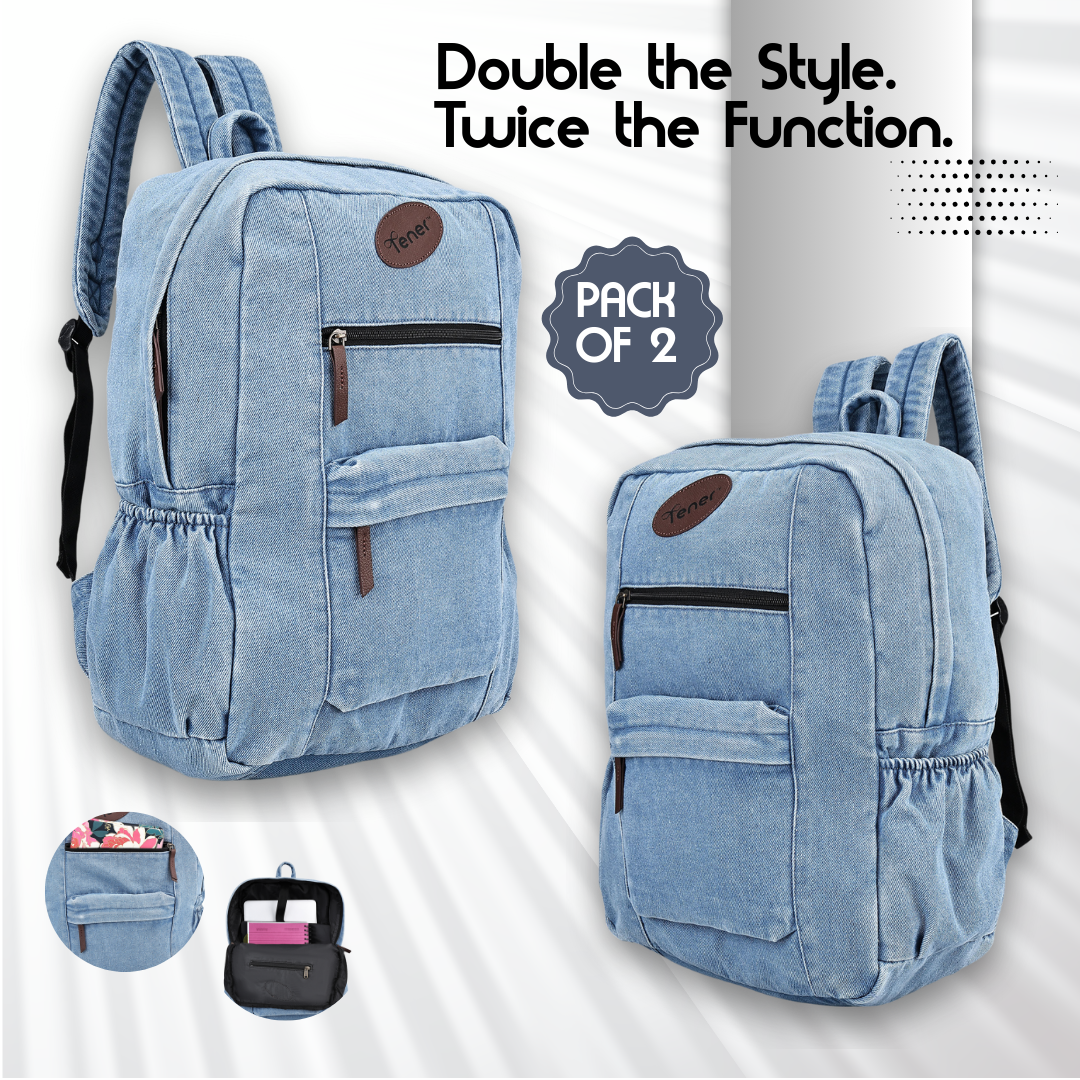 Tener Pack of 2 Washed Blue Laptop Backpacks – Unisex, Stylish & Spacious Duo