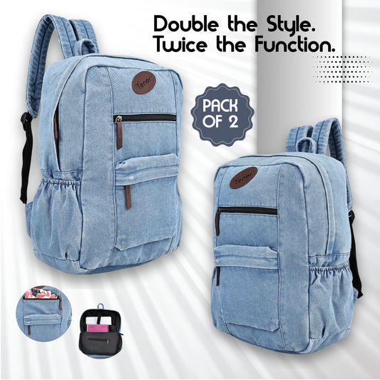 Tener Pack of 2 Washed Blue Laptop Backpacks – Unisex, Stylish & Spacious Duo