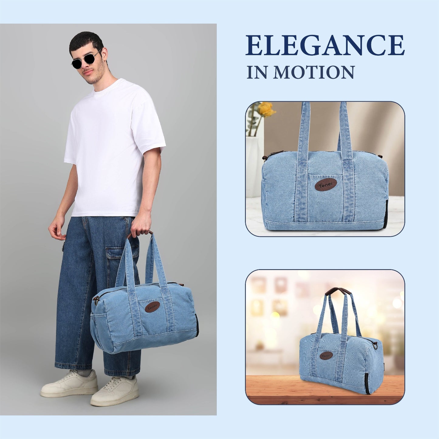 Tener Travel Combo – Denim Blue Laptop Backpack + Washed Blue Duffel Bag – Smart Carry Pair