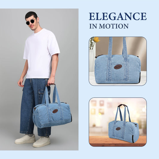 Tener Washed Blue Denim Duffel Bag – Unisex Gym/Travel Bag with Shoe & Bottle Space