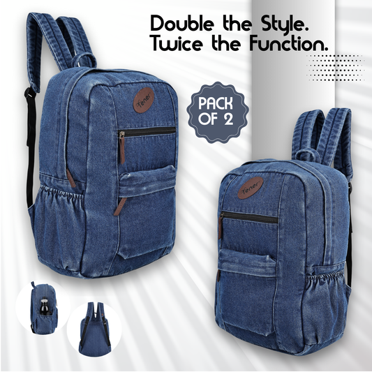 Tener Pack of 2 Denim Blue Laptop Backpacks – Durable, Travel-Ready Combo for Men & Women
