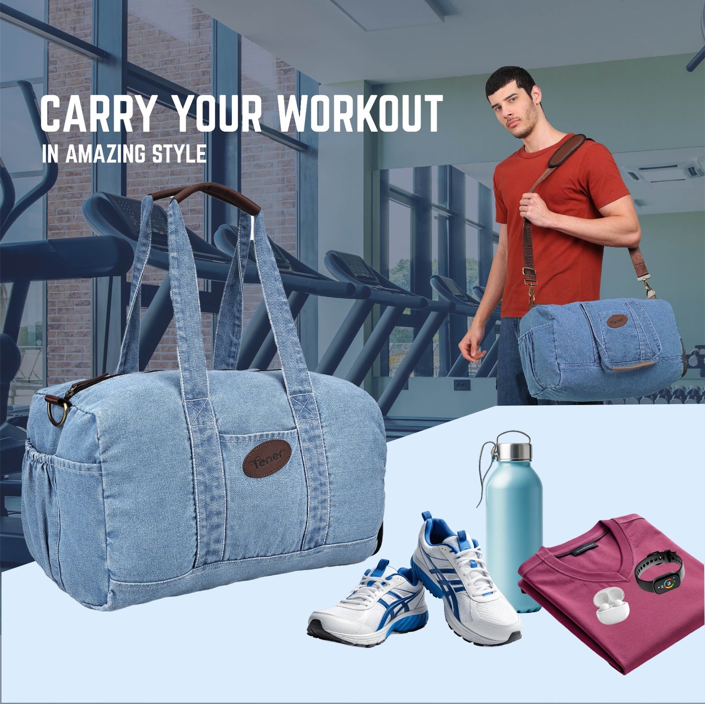 Tener Washed Blue Denim Duffel Bag – Unisex Gym/Travel Bag with Shoe & Bottle Space