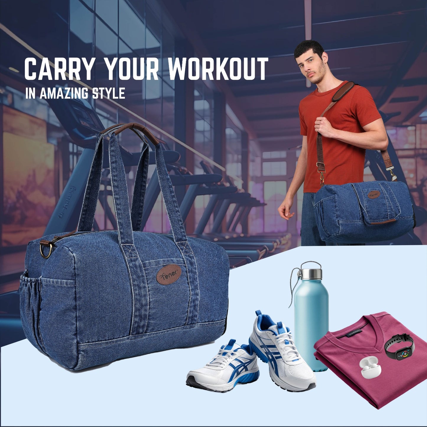 Tener Denim Blue Duffel Bag – Unisex Travel Essential with Spacious Interior & Premium Finish
