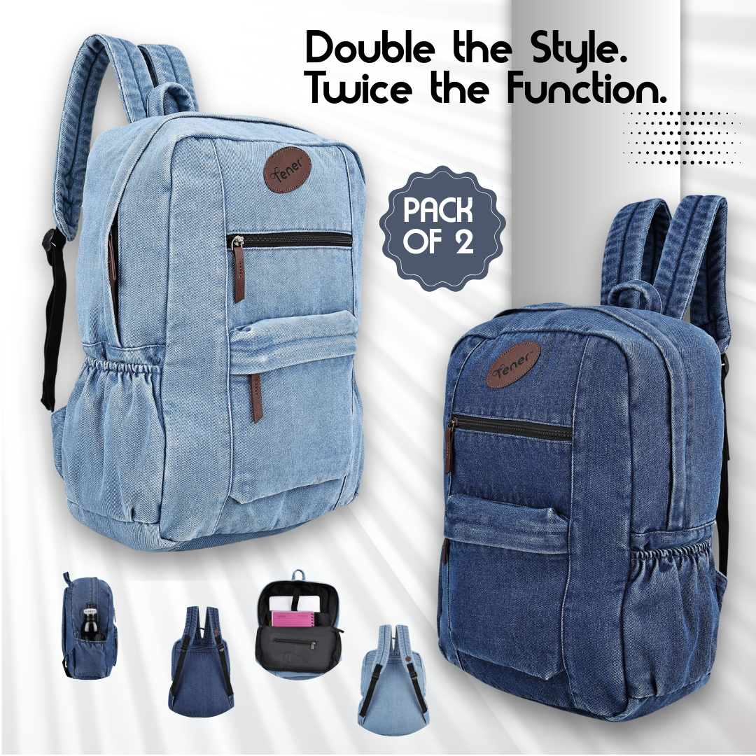 Tener Combo – Washed Blue & Denim Blue Laptop Backpacks – Unisex Dual Pack with Organizer Pouch