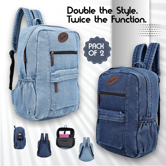 Tener Combo – Washed Blue & Denim Blue Laptop Backpacks – Unisex Dual Pack with Organizer Pouch