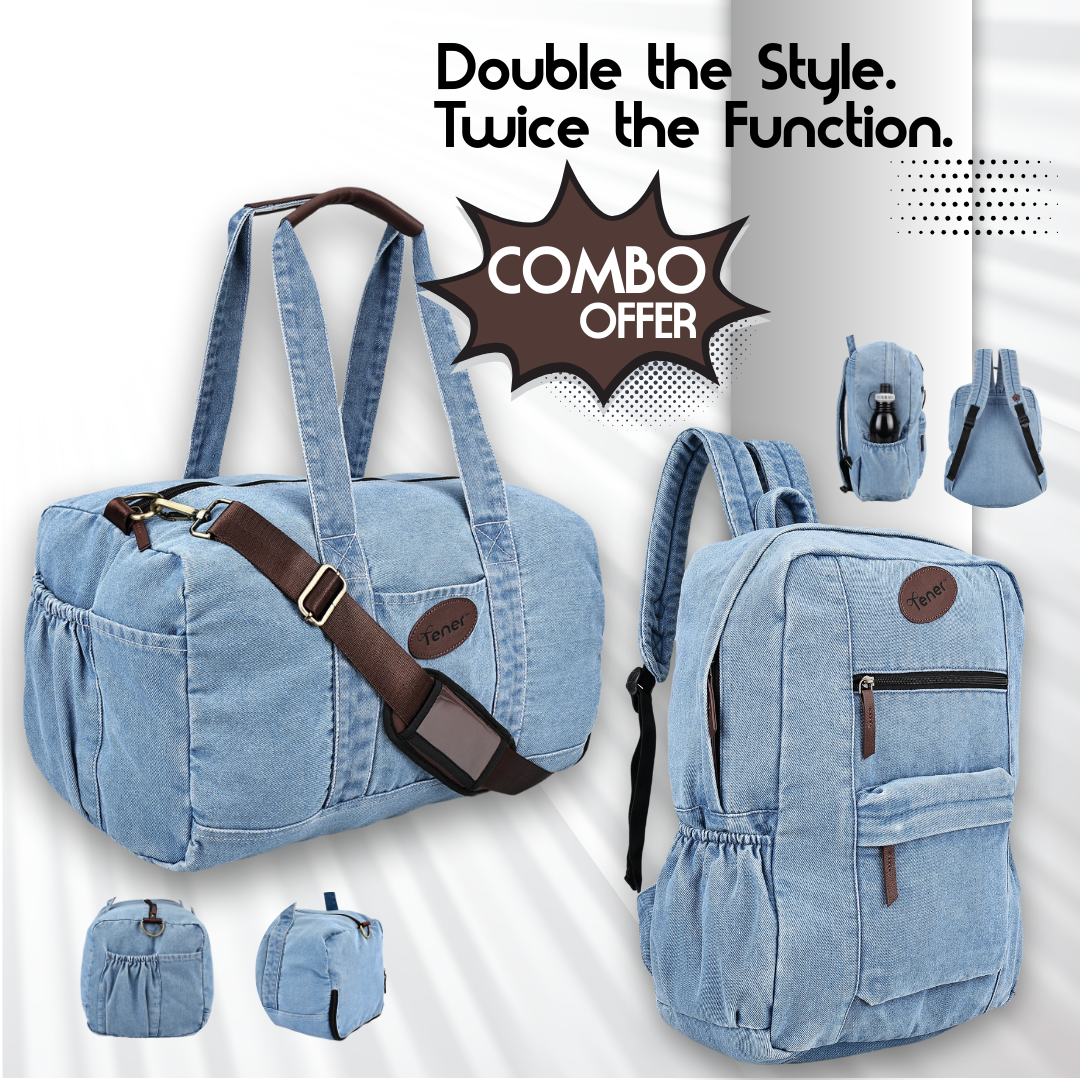 Tener Combo – Washed Blue Duffel Bag + Washed Blue Laptop Backpack – Coordinated Travel Set