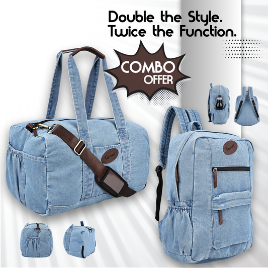 Tener Combo – Washed Blue Duffel Bag + Washed Blue Laptop Backpack – Coordinated Travel Set
