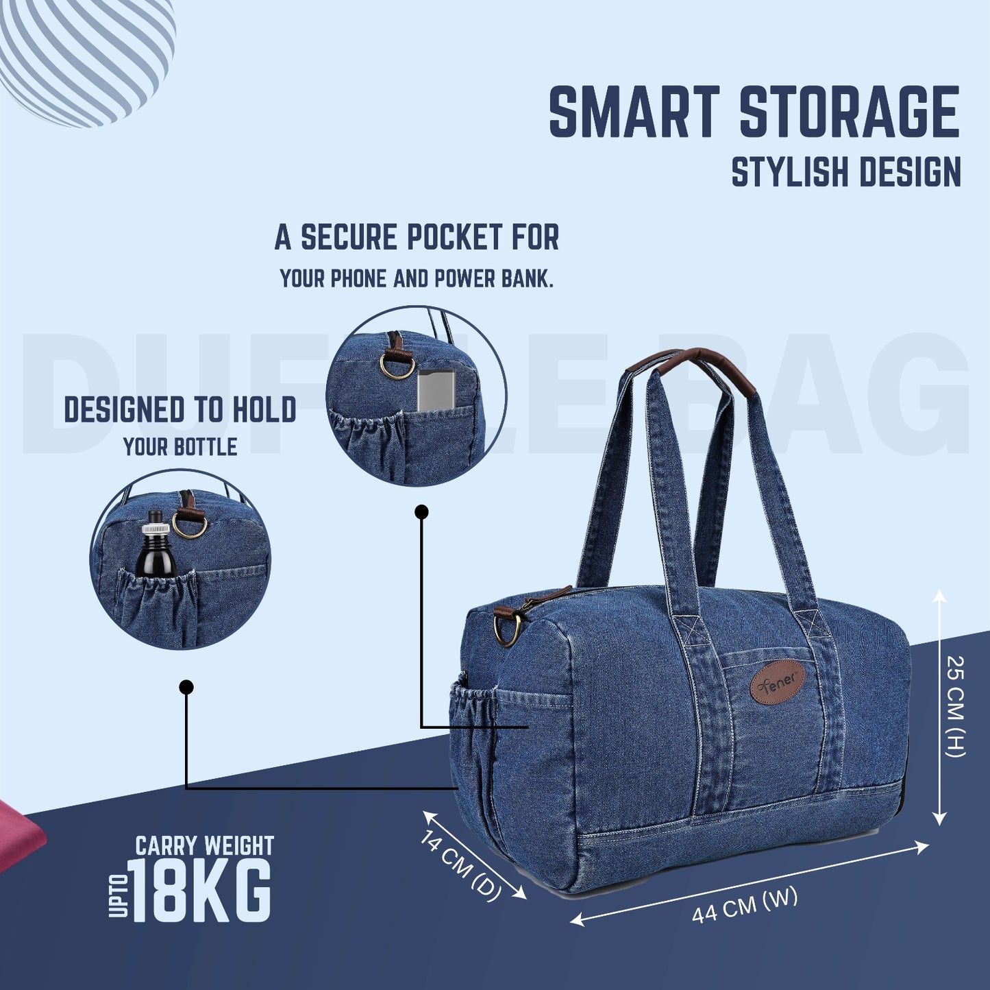 Tener Denim Blue Duffel Bag – Unisex Travel Essential with Spacious Interior & Premium Finish