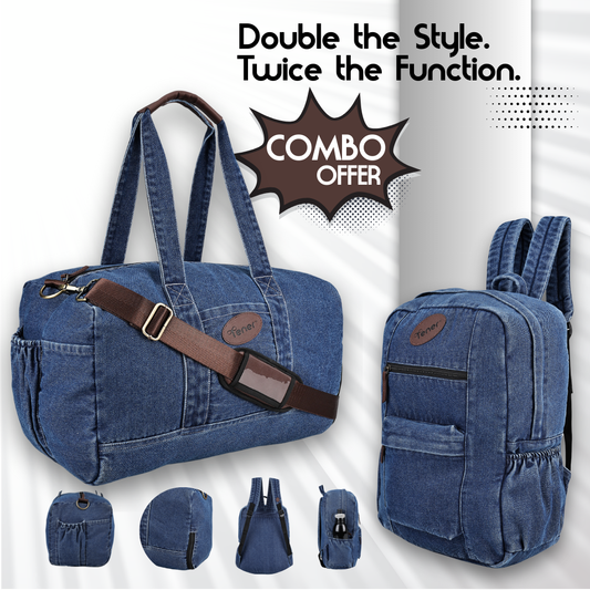 Tener Combo – Denim Blue Duffel Bag + Denim Blue Laptop Backpack – Unisex Weekender Pair