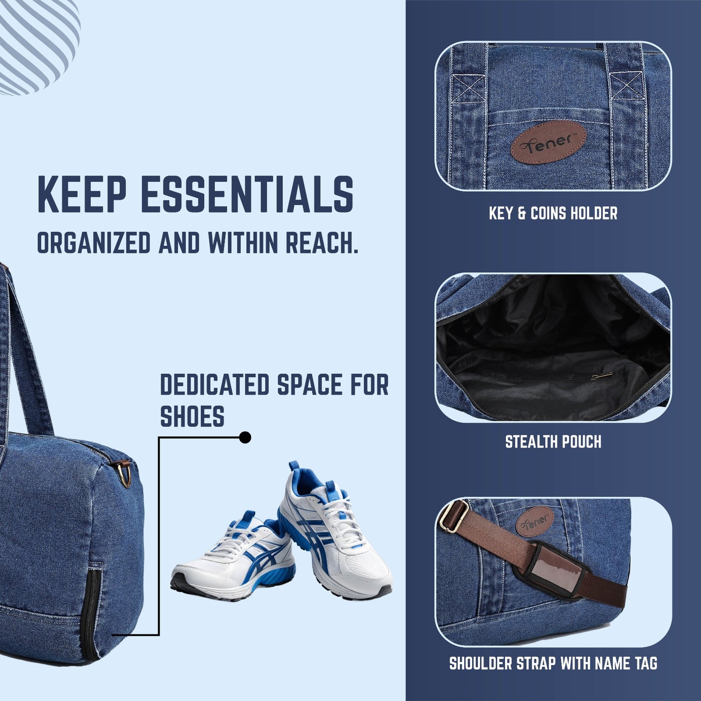 Tener Denim Blue Duffel Bag – Unisex Travel Essential with Spacious Interior & Premium Finish