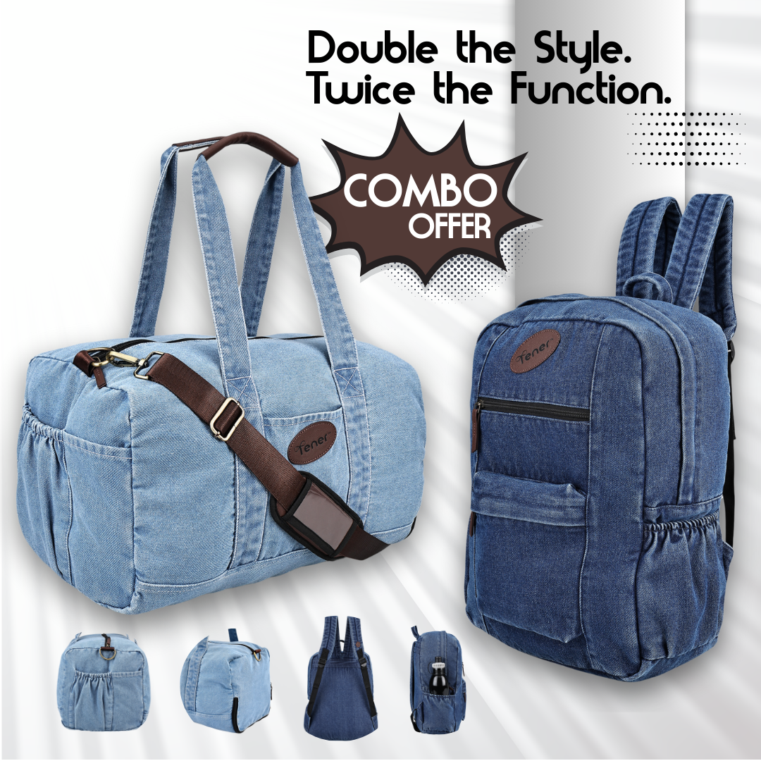Tener Travel Combo – Denim Blue Laptop Backpack + Washed Blue Duffel Bag – Smart Carry Pair
