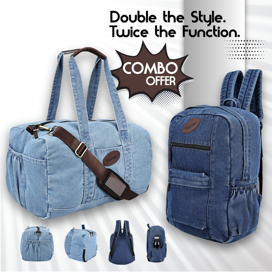 Tener Combo – Washed Blue Duffel Bag + Denim Blue Laptop Backpack – Mixed Color Smart Duo